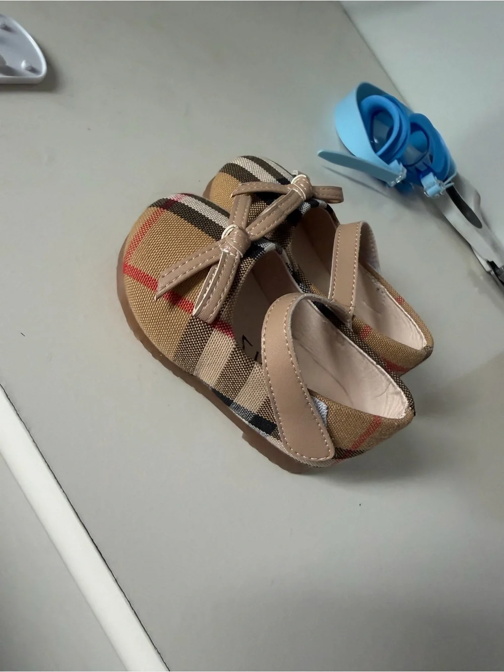 Classic Plaid Baby Mary Janes with Beige Bow Strap